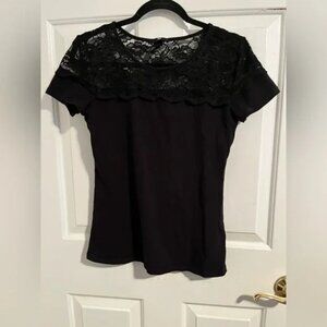 Black Lace Collar+Sleeve T-Shirt